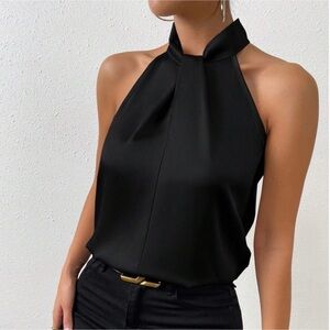 Black Satin Halter Blouse Top Keyhole Neck Sleeveless